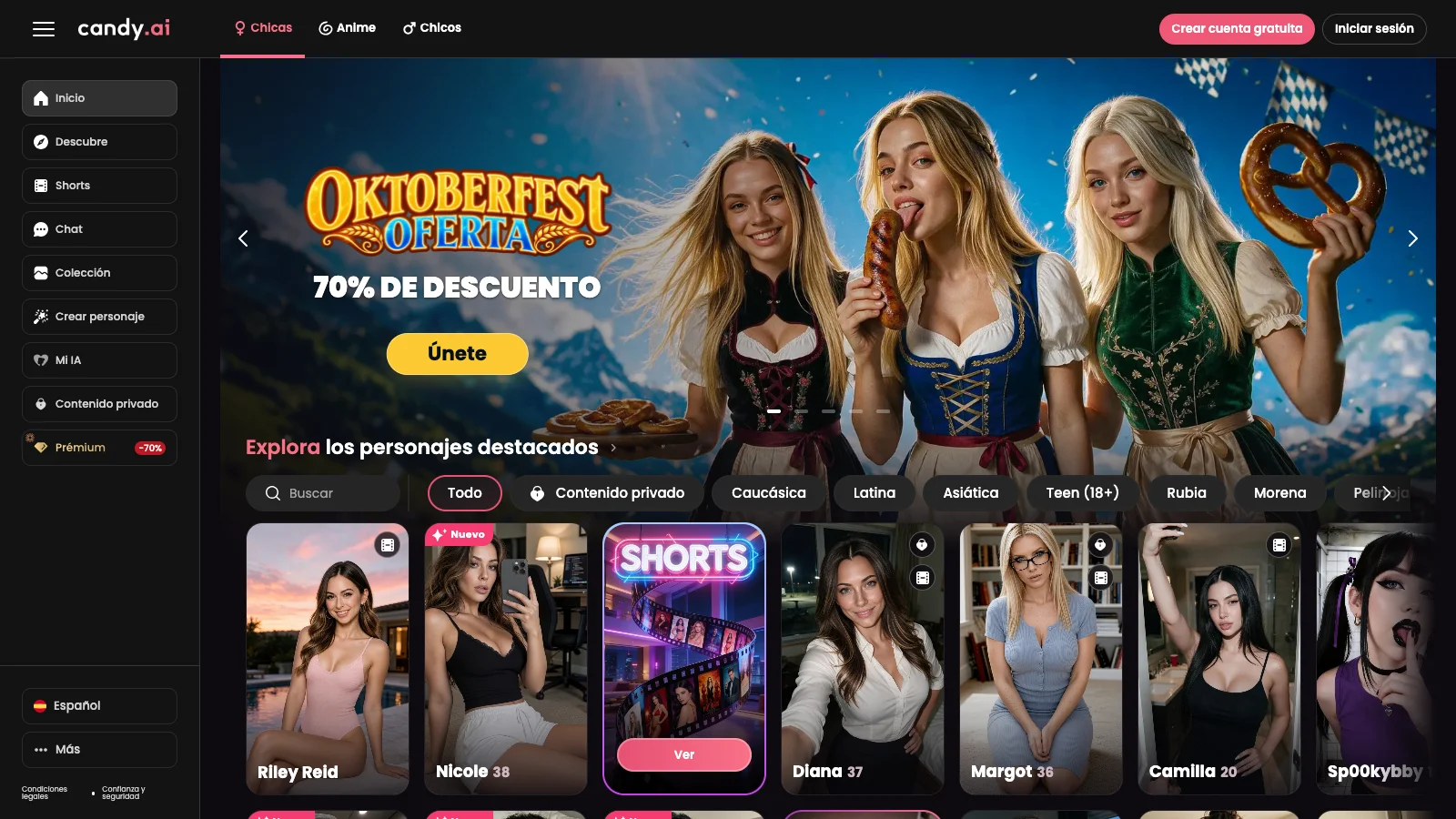 Interfaz de compañera virtual y chat erótico con IA de Candy.ai