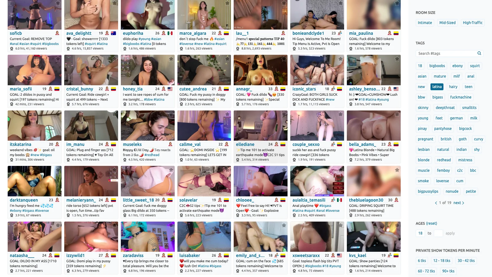 Interfaz oficial de salas en vivo de Chaturbate con modelos latinas